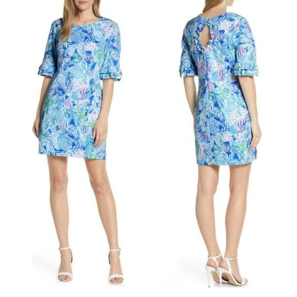 Lilly Pulitzer Dresses & Skirts - Lilly Pulitzer Size 6 New Fiesta Stretch Dress Coastal Tideline Floral Blue Lion